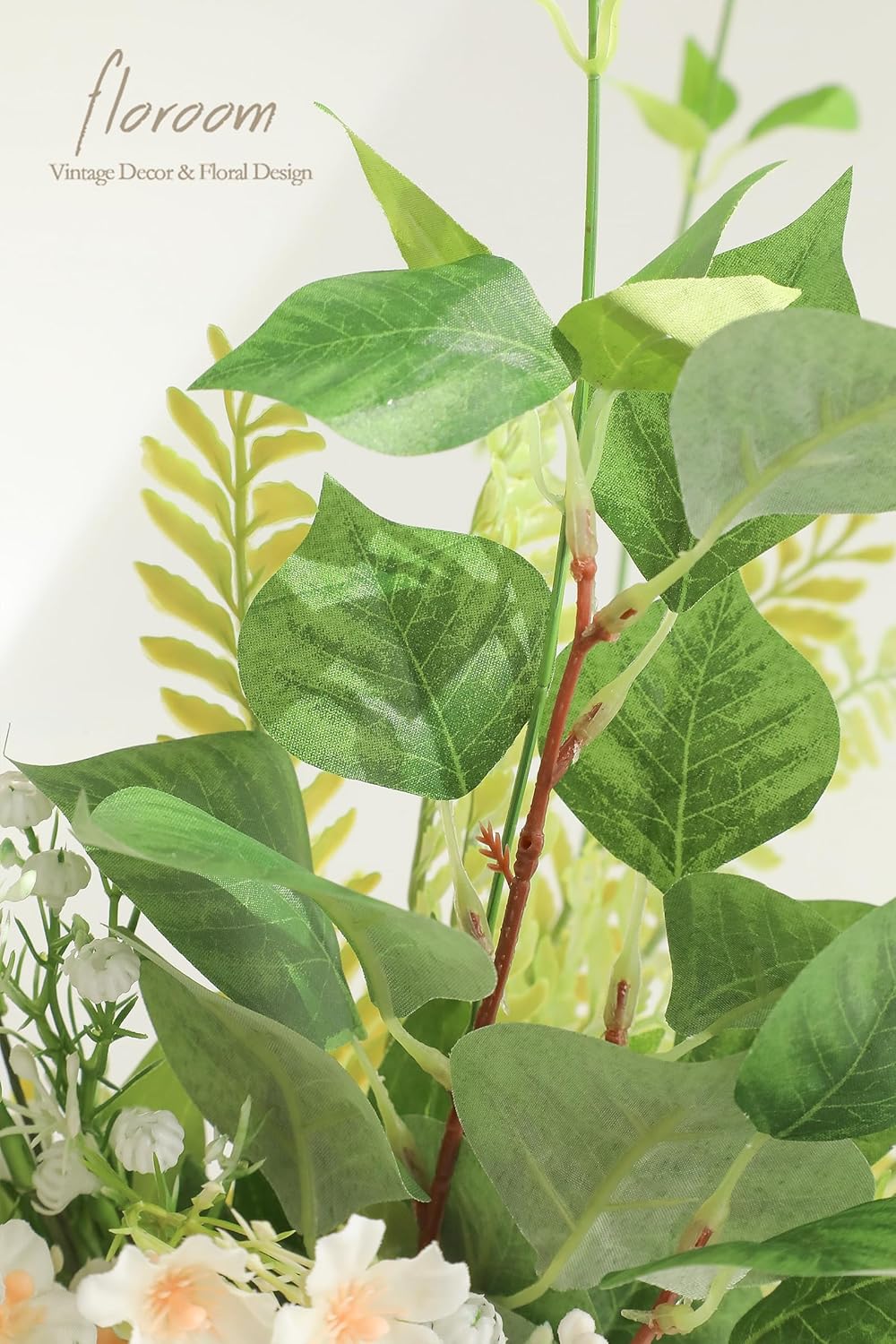 Floroom Artificial Greenery Stems Box Set, 35pcs with 5 Kinds of Faux Greenery Flowers Picks for DIY Bridal Bouquets Wedding Floral Arrangement Table Centerpieces, Light Green & White