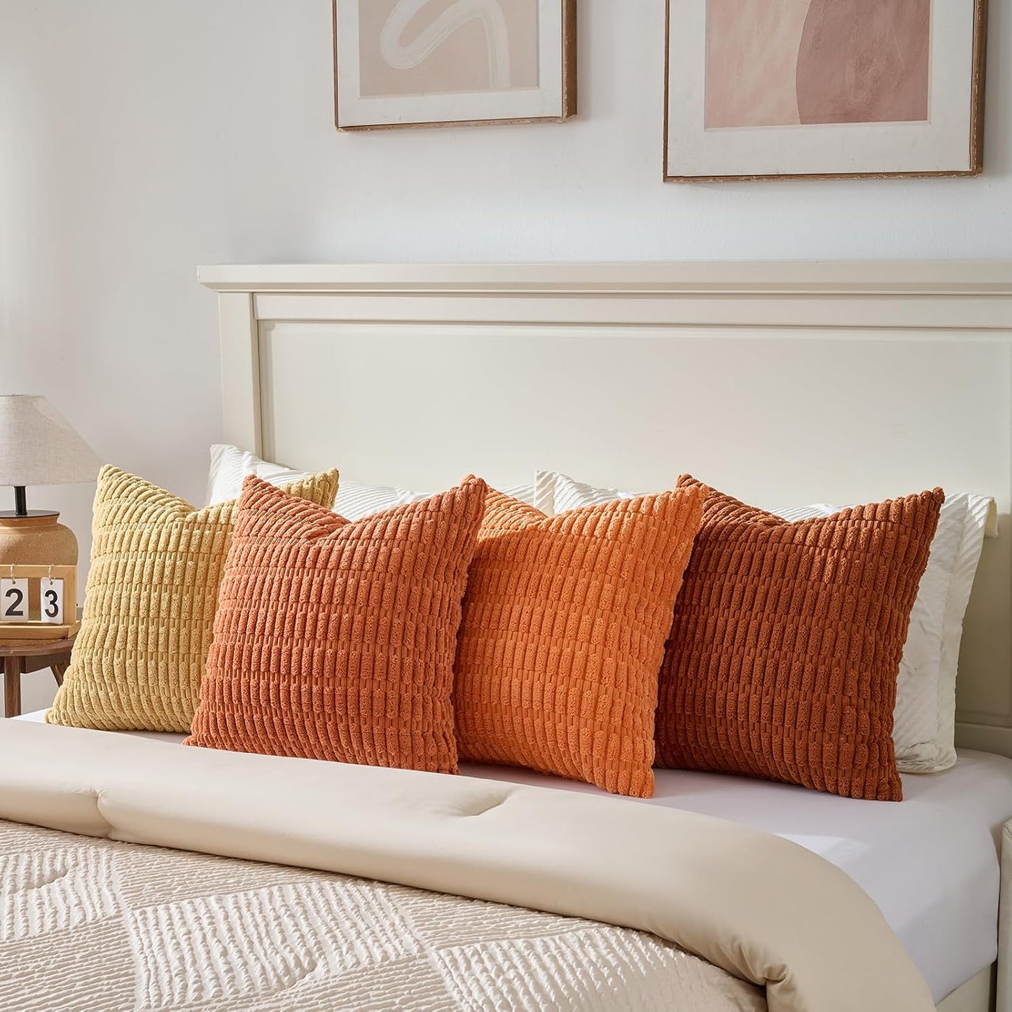 Fancy Homi Set of 4 Burnt Orange Fall Decorative Throw Pillow Covers 16x16 Inch for Couch Bed Chair, Modern Farmhouse Boho Room Decor, Soft Fuzzy Corduroy Textured Striped Cushion Case 40cm