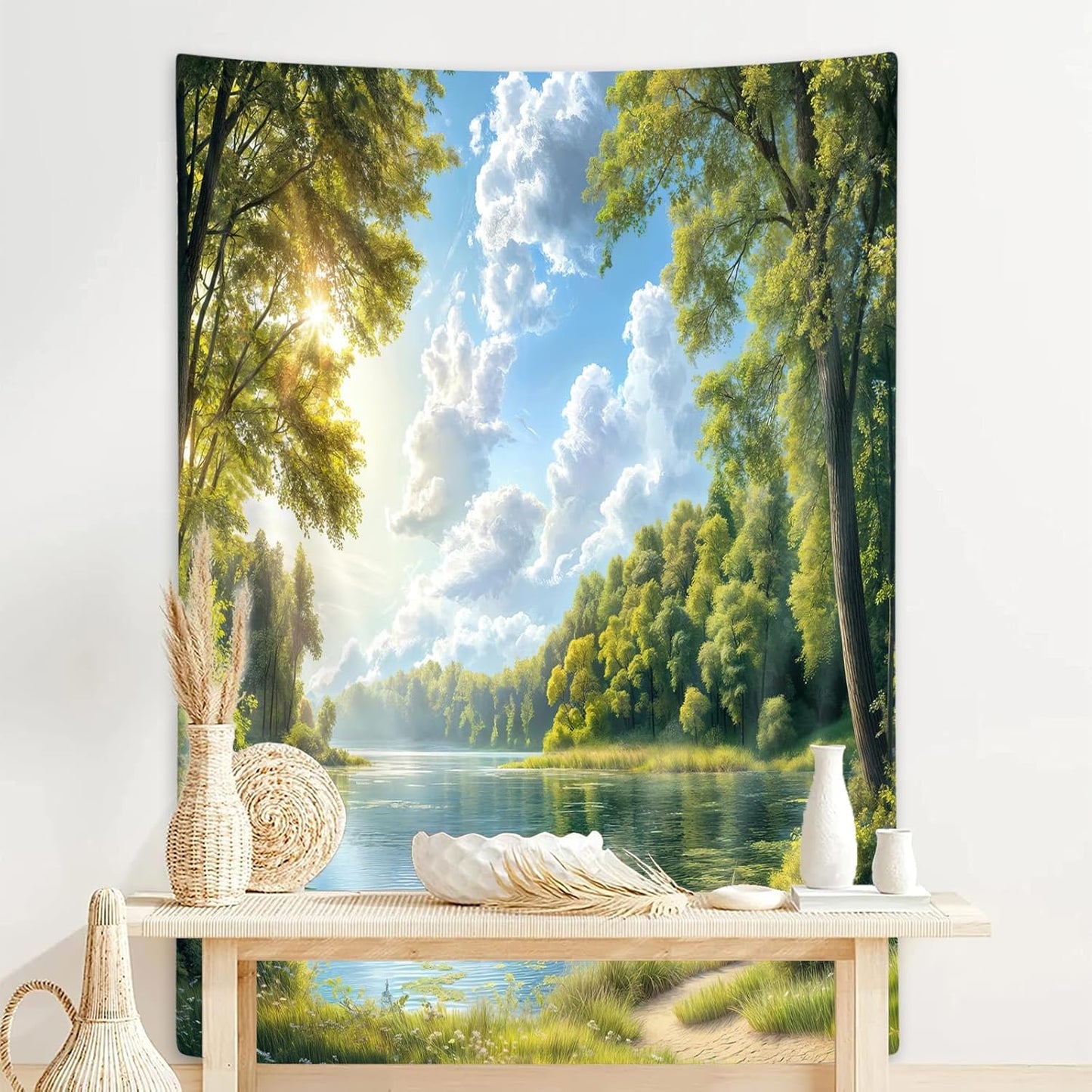 DYNH Nature Lake Forest Tapestry,Park Scenery Water Tree Sky Cloud Wall Tapestries,Countryside Field Landscape Vertical Wall Hanging for Classroom Bedroom Living Room Dorm Office Aesthetic,60X71IN