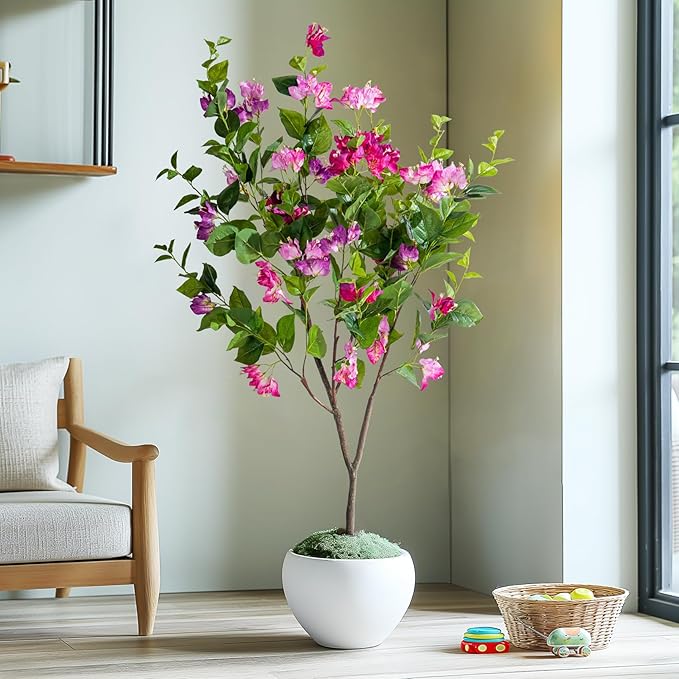 4FT Artificial Bougainvillea Tree Artificial Tree Tall Potted Fake Bougainvillea Trees for Outdoor Indoor Lifelike Potted Faux Plants with Wood Trunk and Flowers Office Wedding Home Decor