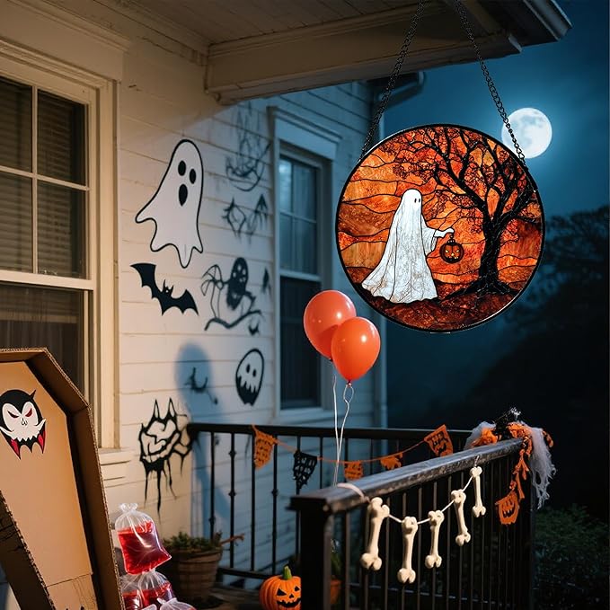 Stained Glass Window Hanging - Halloween Ghost Holding A Pumpkin Lantern Suncatcher for Door Garden Spooky Tree Sun Catchers Gothic Decorations Horror Gifts for Women Men Friend 6.3 in