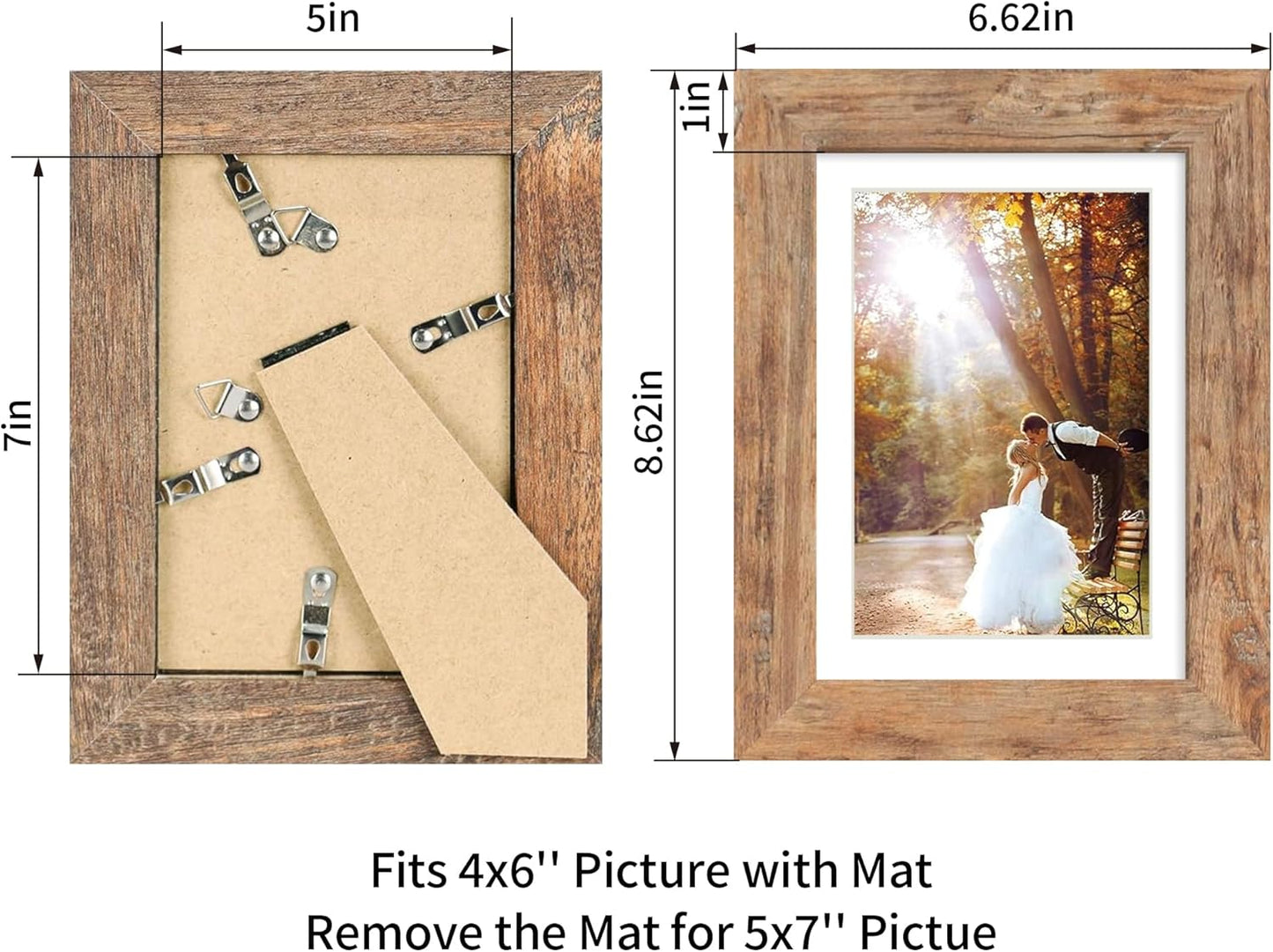 iRahmen 5x7 Picture Frame Set of 2, Rustic Brown Frame with High Definition Glass, Display Pictures 4x6 with Mat or 5 x 7 without Mat, Wood Photo Frame for Table top and Wall Mounting