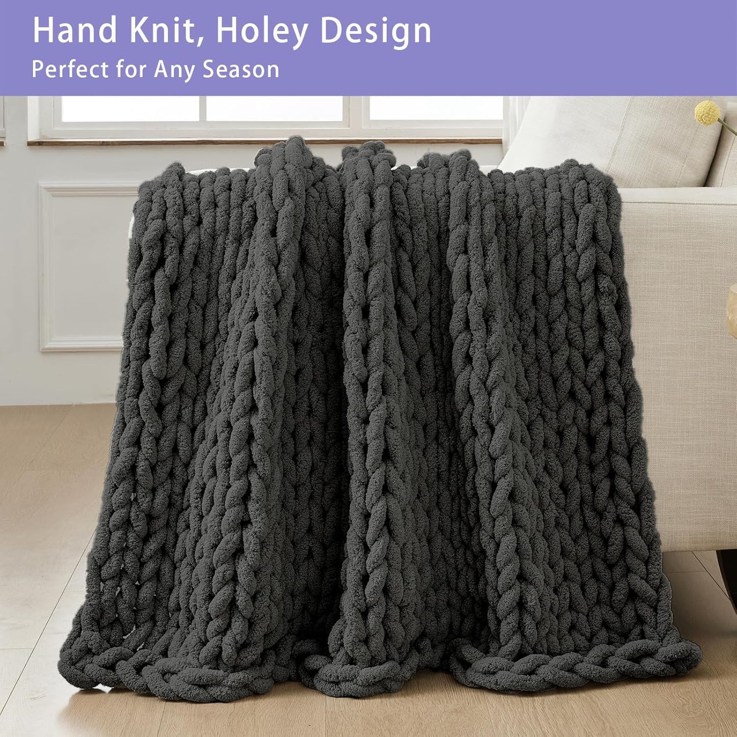 Bigacogo Chunky Knit Throw Blanket for Couch, 40x40 inches, 100% Hand Knitted with Thick Jumbo Chenille Yarn, Cozy Soft Large Rope Knot Cable Crochet Blankets for Sofa Bed Living Room, Dark Grey