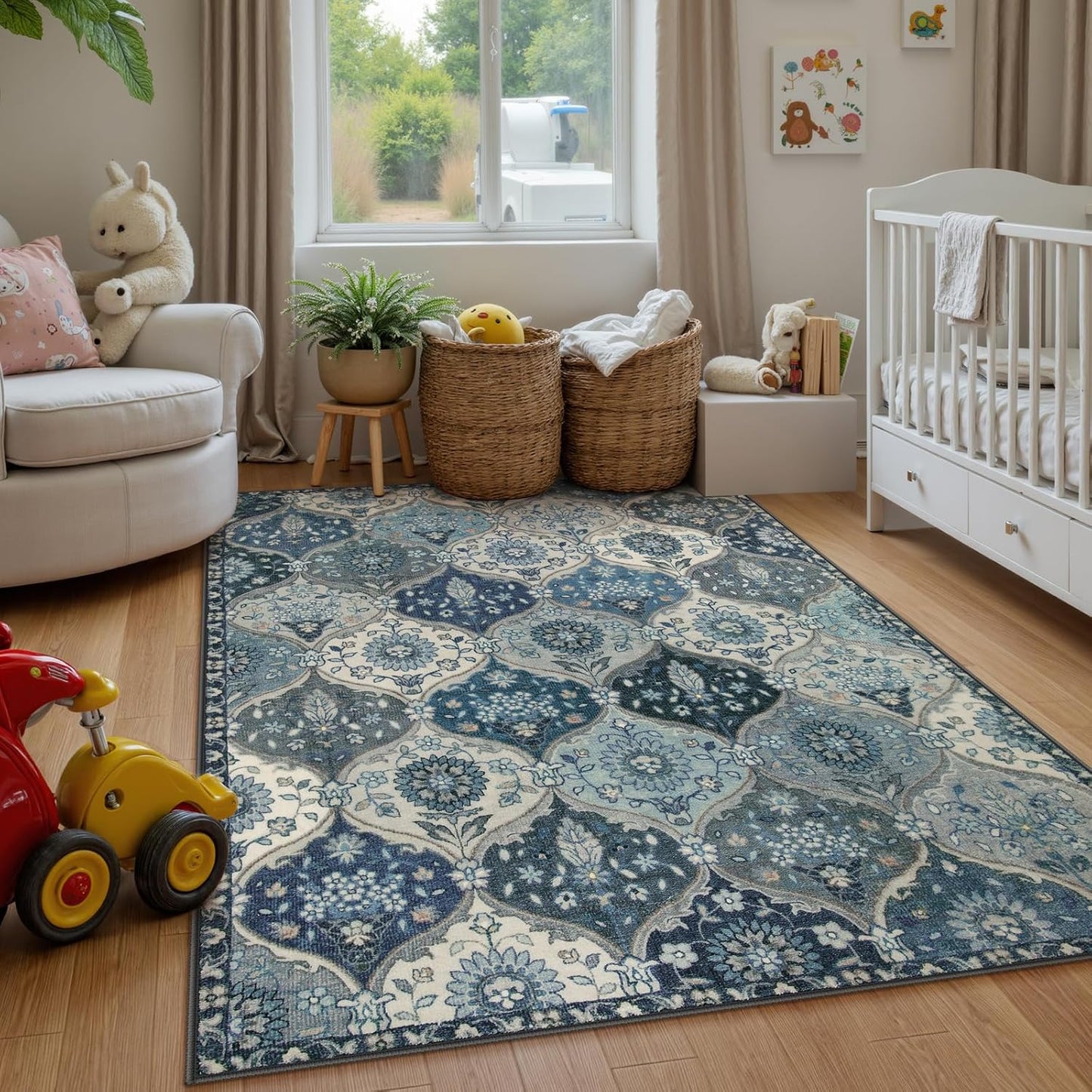 Lahome Moroccan Washable Area Rug 6x9, Ultra-Thin Large Living Room Rugs for Bedroom, Oriental Trellis Distressed Non Shedding Throw Carpet for Dining Room Office, Blue