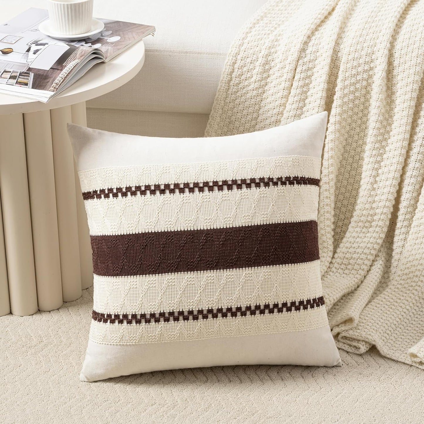 Fancy Homi Set of 2 Boho Brown Decorative Throw Pillow Cover 20x20 Inch for Couch Bed Sofa, Aesthetic Modern Organic Farmhouse Home Decor, Soft Cotton Cute Accent Macrame Woven Cushion Case