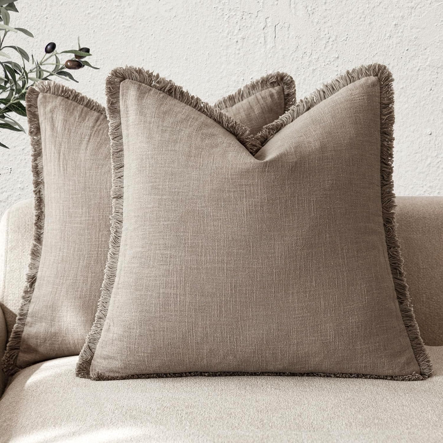Foindtower Set of 2 Decorative Linen Fringe Throw Pillow Covers Boho Farmhouse Cushion Cover with Tassels Soft Accent Pillowcase for Couch Chair Sofa Bed Living Room Home Decor,24×24 Inch,Brown Tan