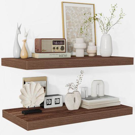 Fun Memories Floating Shelves - 2 Pack 12 Inch Deep Rustic Wooden Wall Shelves - Extra Deeper & Thicker Wall Mounted Storage Shelf for Living Room, Kitchen, Farmhouse - 24" W x 12" D x 1.5" H - Walnut