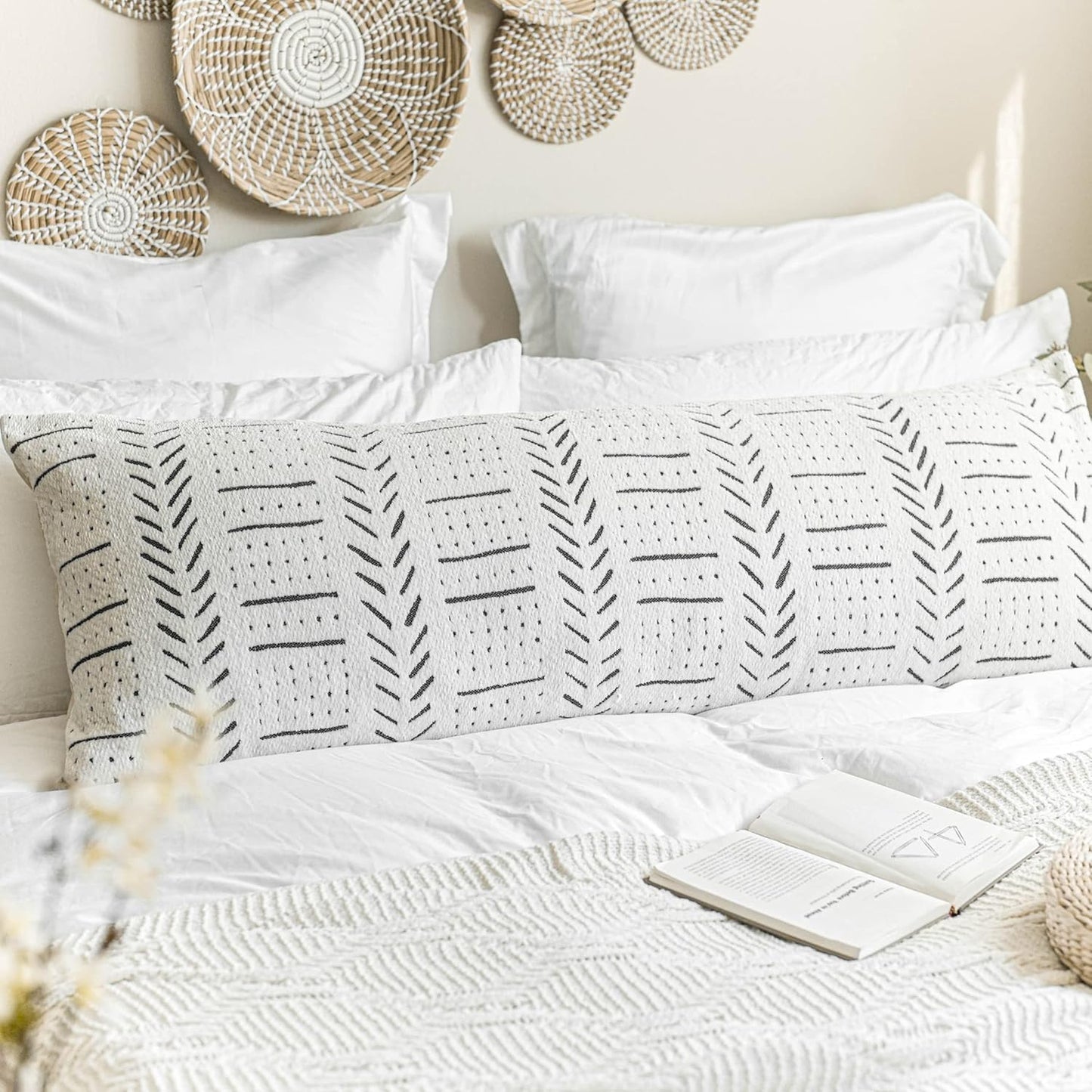 BlissBlush White Soft Chenille Boho Body Pillow Cover 20x54, Decorative Oversized Long Lumbar Pillow, Boho Textured Oversize Body Pillow, Cover ONLY