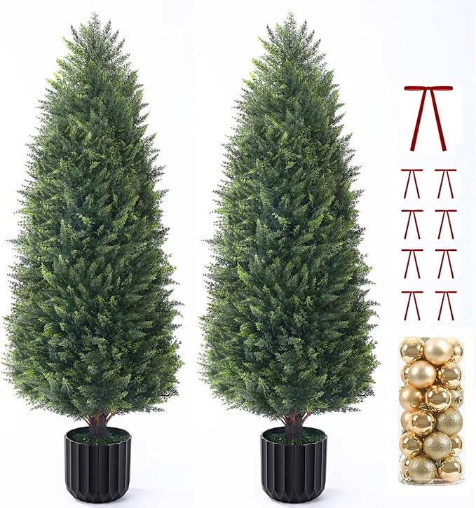 4FT Artificial Cedar Topiary Trees Set of 2, Extra Dense Foliage UV Resistant Fake Plants for Front Porch Christmas Decor, Lifelike Fake Trees Outdoor Indoor Home
