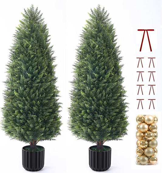 4FT Artificial Cedar Topiary Trees Set of 2, Extra Dense Foliage UV Resistant Fake Plants for Front Porch Christmas Decor, Lifelike Fake Trees Outdoor Indoor Home