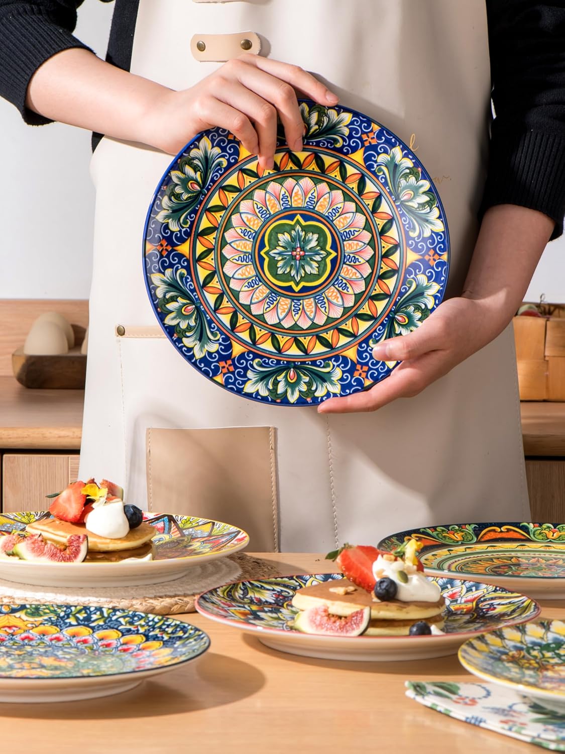 Henten Home Ceramic Dessert Plates Set of 6, 8.5 Inch Porcelain Salad Plate, Colorful Bohemian Style Serving Dishes for Cake, Snack, Appetizer, Decorations, Dishwasher & Microwave Safe