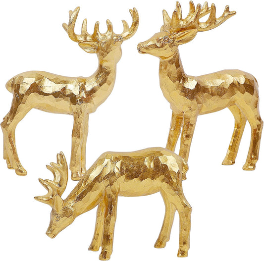Lulu Home 3 PCS Christmas Tabletop Decorations, Resin Golden Reindeer Family Figurines with Diverse Postures, Xmas Holiday Winter Centerpieces Ornaments for Mantel Shelf Sill Home Office Decor