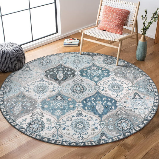 Lahome Moroccan Trellis Round Area Rugs, Washable Small Round Rug 3ft Non-Slip, Soft Vintage Ultra-Thin Circle Carpet for Bedroom Entryway Kitchen Laundry Bathroom, Blue
