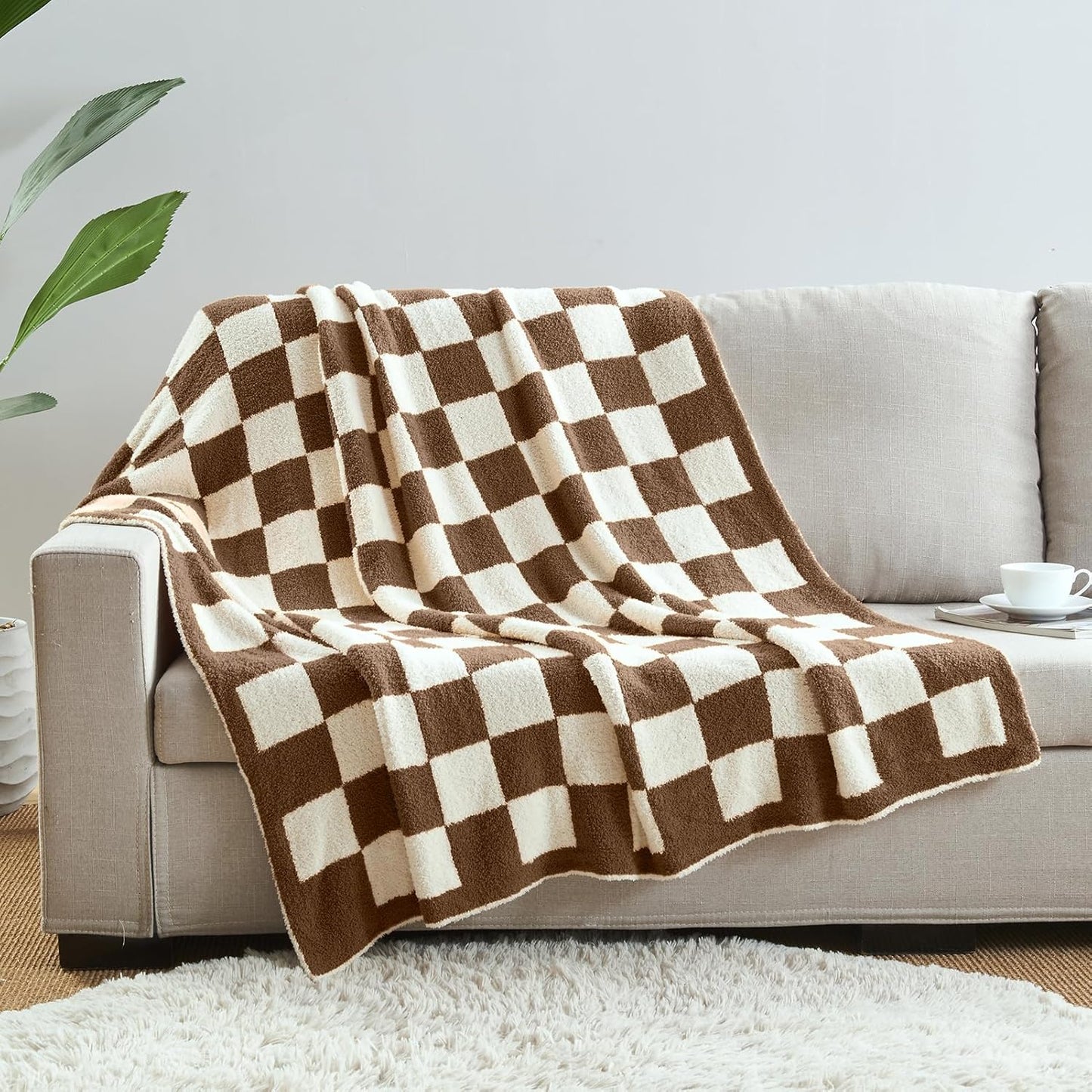 CozeCube Super Soft Fullfy Microfiber Reversible Knitted Blankets, Warm Cozy Fuzzy Plush Throw, Dark Brown and White Checkered Throw Blanket for Couch Bed Sofa, 60" x 80"