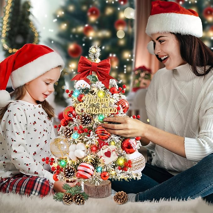 24 Inch Tabletop Christmas Tree with DIY Decorations,Snow Flocked Mini Xmas Tree with Multicolor LED Lights, Red Bow Topper, Pinecones, Rustic Wood Base, for Home Office Desk Classroom