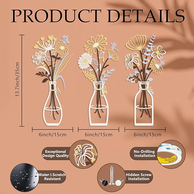 3 Pieces Metal Flowers Wall Art Decor, House Minimalist Bathroom Wall Decors Sculptures for Living Room Dining Room Bedroom Housewarming Gifts