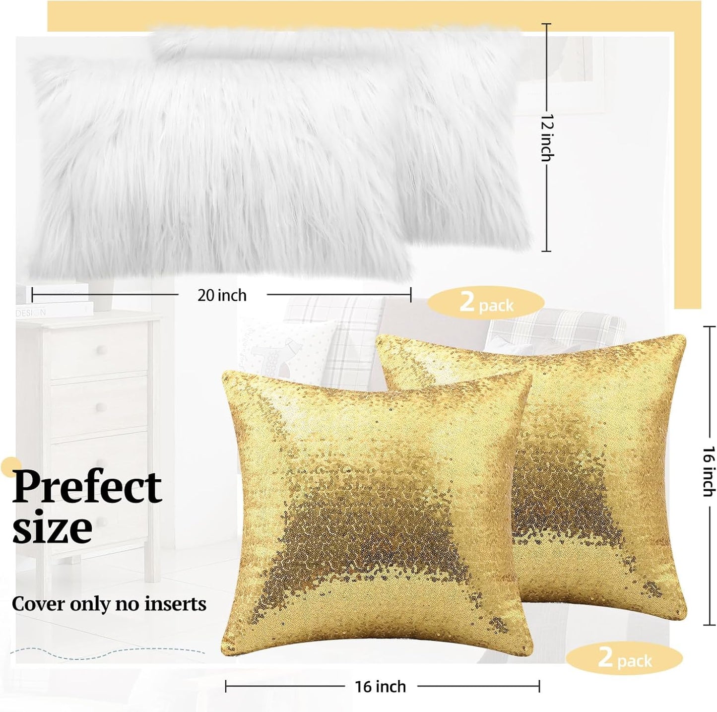 Irenare 4 Pcs Sequin and Fluffy Pillow Covers Winter Throw Pillow Cases Soft Cushion Cover for Couch Bed Sofa Xmas Day(18 x 18 Inch, 12 x 20 Inch,White, Gold)