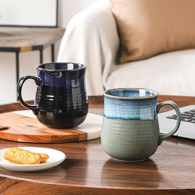 21 oz Large Ceramic Coffee Mugs, Pottery Mug Handmade, Ceramic Tea Cups with Handle for Office and Home, Dishwasher and Microwave Safe (Blue Grey)