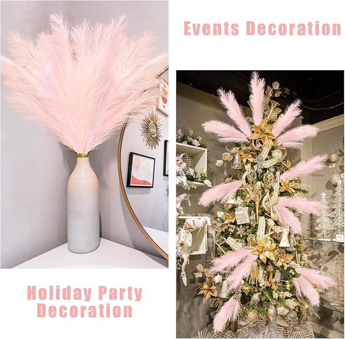 35" Pink Faux Pampas Grass Decor, 8pcs Large Tall Fluffy Artificial Pompous Grass Branches Floral Fake Pompas Grass Bulrush Floor Vase Filler Flower Arrangement for Home Wedding Boho Decor