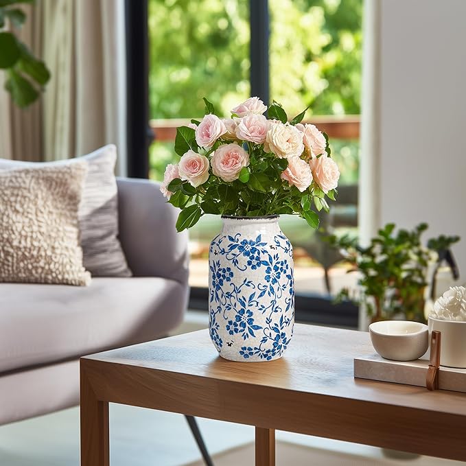 Blue and White Ceramic Vase for Flowers,9 inch Rustic Vintage Chinoiserie Vases Home Decor, Farmhouse Decor, Shelf, Living Room, Bedroom, Table Decoration