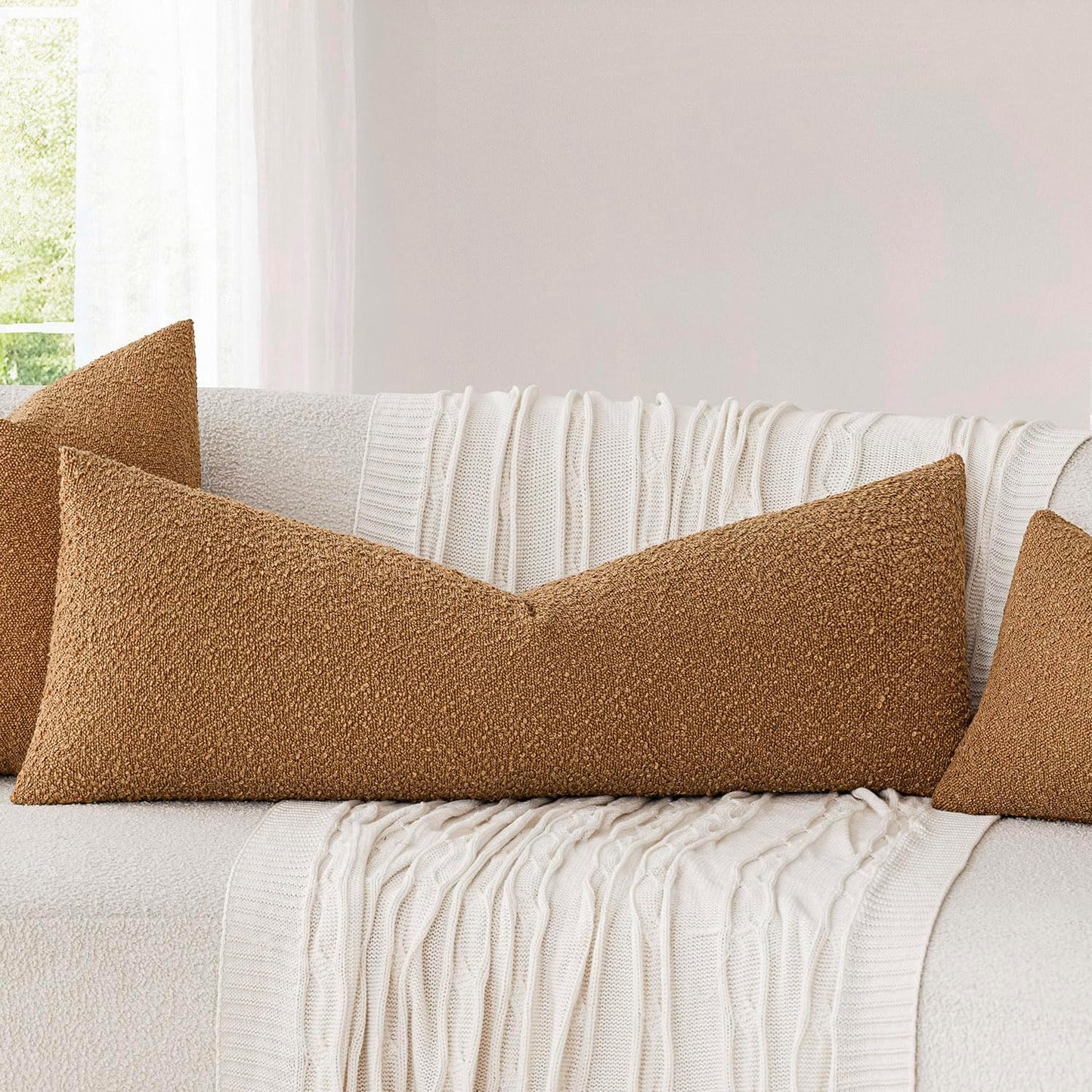 Foindtower Decorative Textured Boucle Throw Pillow Covers Accent Solid Pillow Cases Neutral Long Body Lumbar Couch Cushion Case for Chair Sofa Bedroom Living Room Home Decor 14x36 Inch,1PC,Tobacco