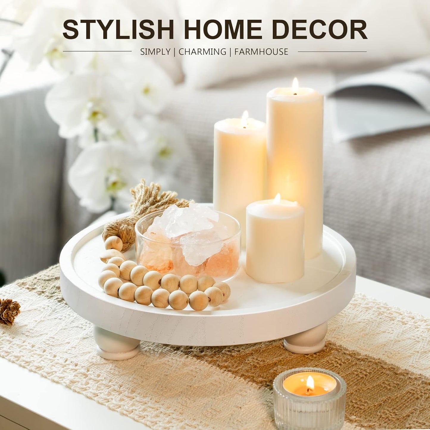 EOSAHR Decorative Wooden Riser for Home Decor : Farmhouse Display Stand for Kitchen Counter, Bathroom Sink and Home Decor - Rustic Round Waterproof Pedestal Tray for Soap, Plant Holder (White)