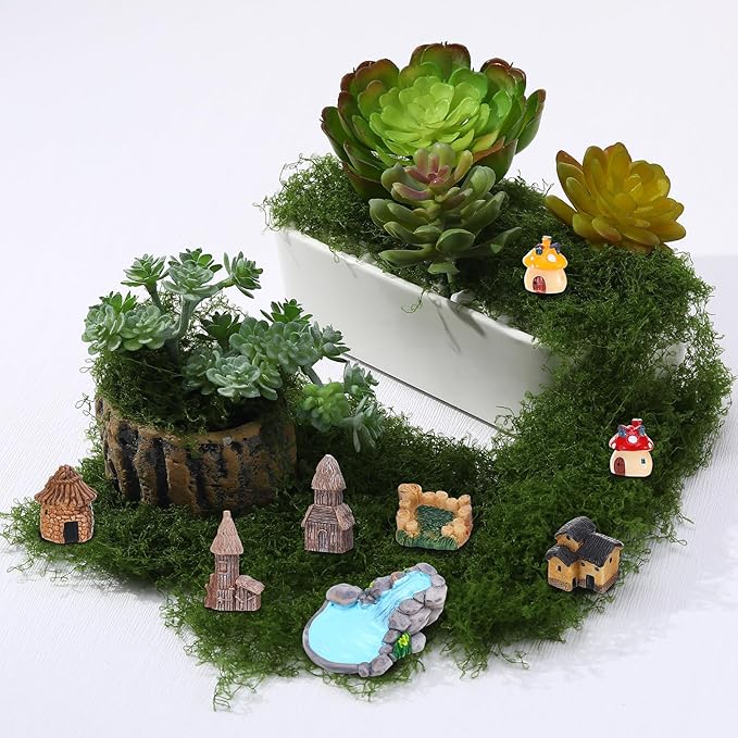 32 Pcs Fairy Garden Accessories - Miniature Garden Kit Landscape Decorations Table and Chairs Set Fairy Garden Furniture Ornaments Bridge House Moss for Terrarium Potted Plants, Dollhouse & Outdoor