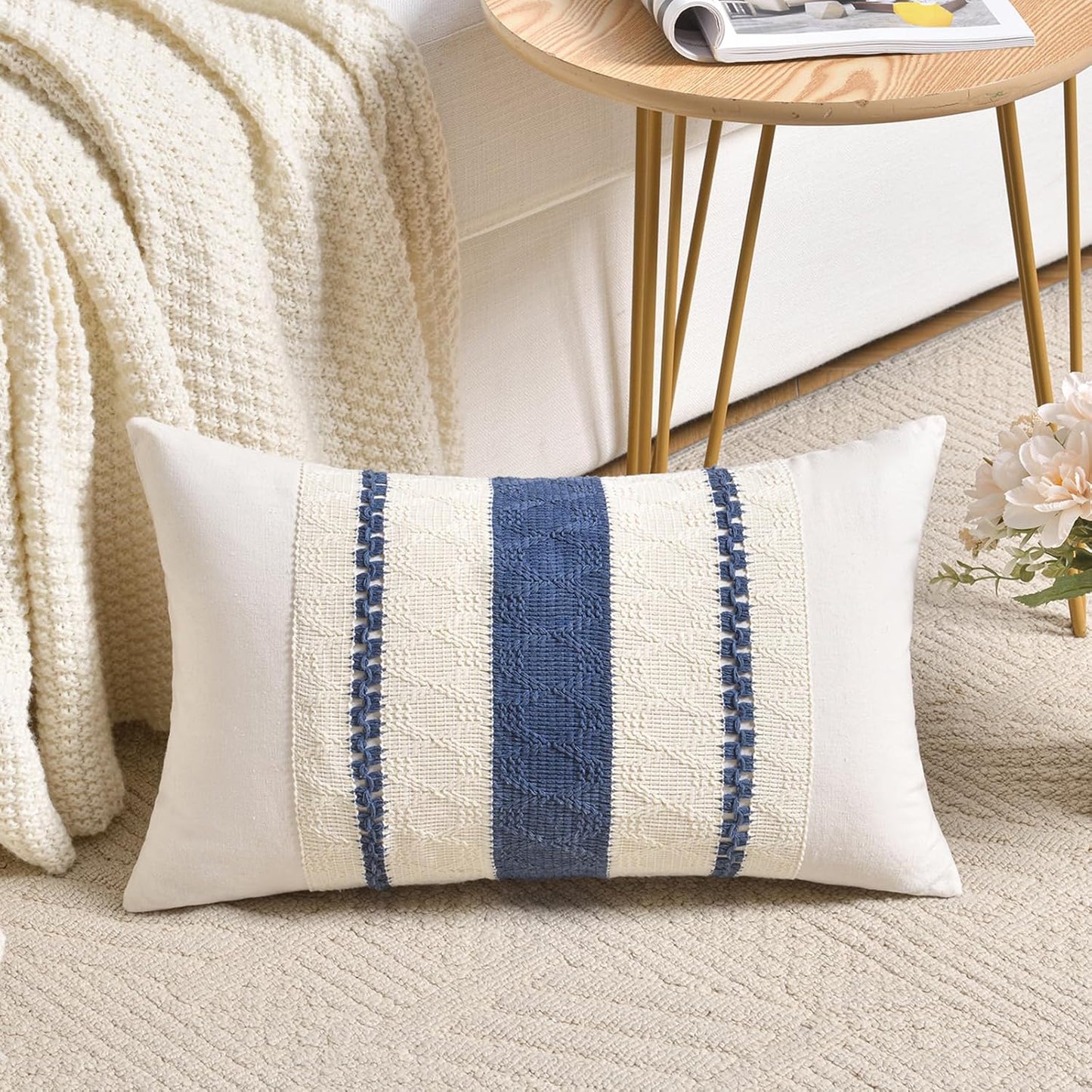 Fancy Homi Set of 1 Dusty Blue Vintage Lumbar Decorative Throw Pillow Covers 12x20 Inch for Couch Bed Sofa Chair Bedroom, Rustic Retro Square Cushion Case, Modern Farmhouse Boho Living Room Decor