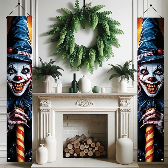 2PCS Halloween Porch Banner Decorations Scary Clown Door Signs 71 x 12 Inch Creepy Outdoor Indoor Halloween Front Door Decor Haunted House Wall Fireplace Hanging Banner Party Supplies