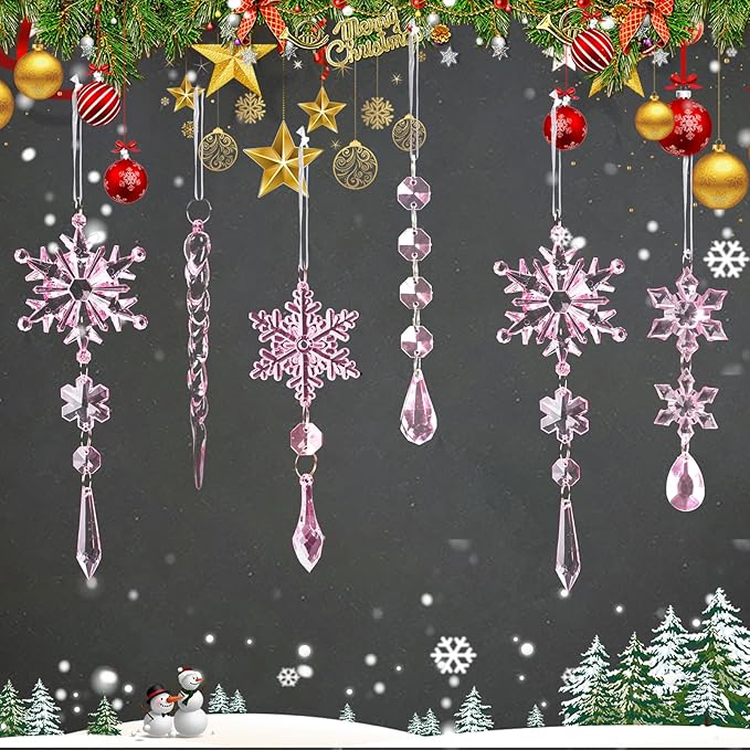 18pcs Crystal Christmas Ornaments for Christmas Tree Decorations-Pink Hanging Acrylic Snowflake and Icicle Ornaments with Drop Pendants for New Year Party Decorations Supplies