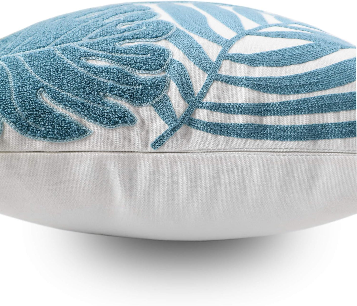 Embroidery Throw Pillow Cover 18x18 Light Blue Tropical Leaf Home Décor Turquoise Cushion Cover for Couch 45x45 100% Cotton Floor Pillowcase Teal Plant Monstera Leaf Loop, 1 Piece