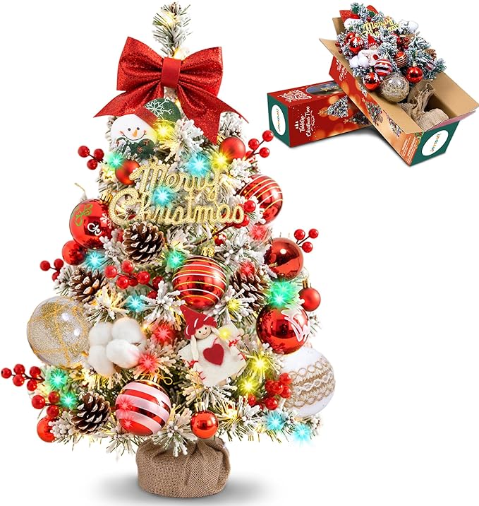 24 Inch Tabletop Christmas Tree with DIY Decorations,Snow Flocked Mini Xmas Tree with Multicolor LED Lights, Red Bow Topper, Pinecones, Rustic Wood Base, for Home Office Desk Classroom