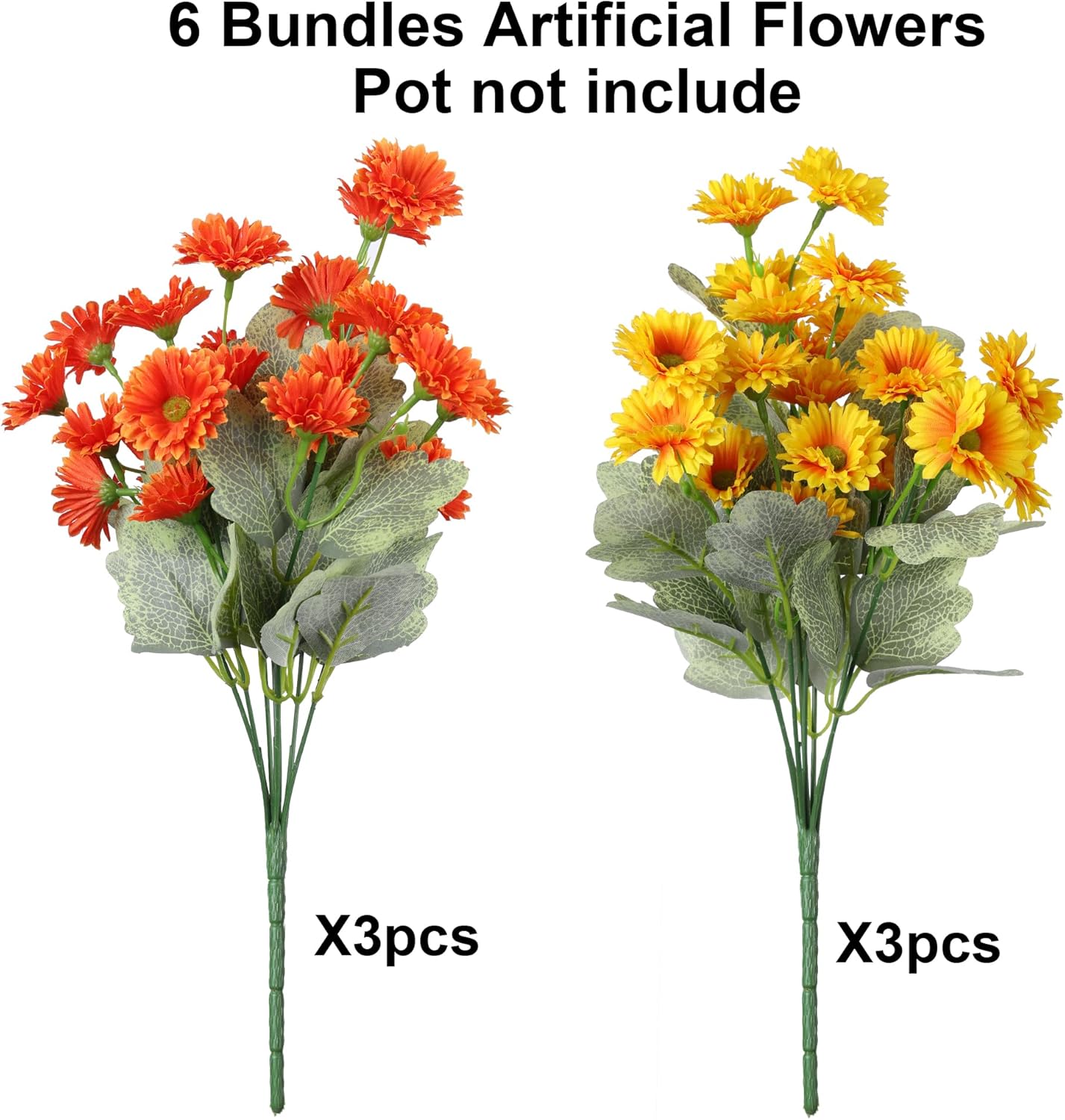 HyeFlora Dahlia Artificial Fall Flowers for Outdoors Autumn Decoration, 6 Bundles Fake Mums Faux Flowers Plants Realistic UV Resistant Silk Flowers for Outside Planter Yard Garden Home, Orange Yellow