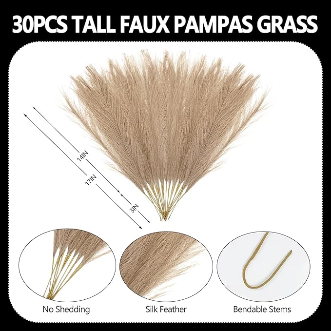 30 Pcs Deep Coffee Faux Pampas Grass, 17 Inches Artificial Pampas Grass Bulk, Short Fluffy Faux Pompas for Vase Filler, Home Boho, Wedding Anniversaries, Baby Shower Decoration