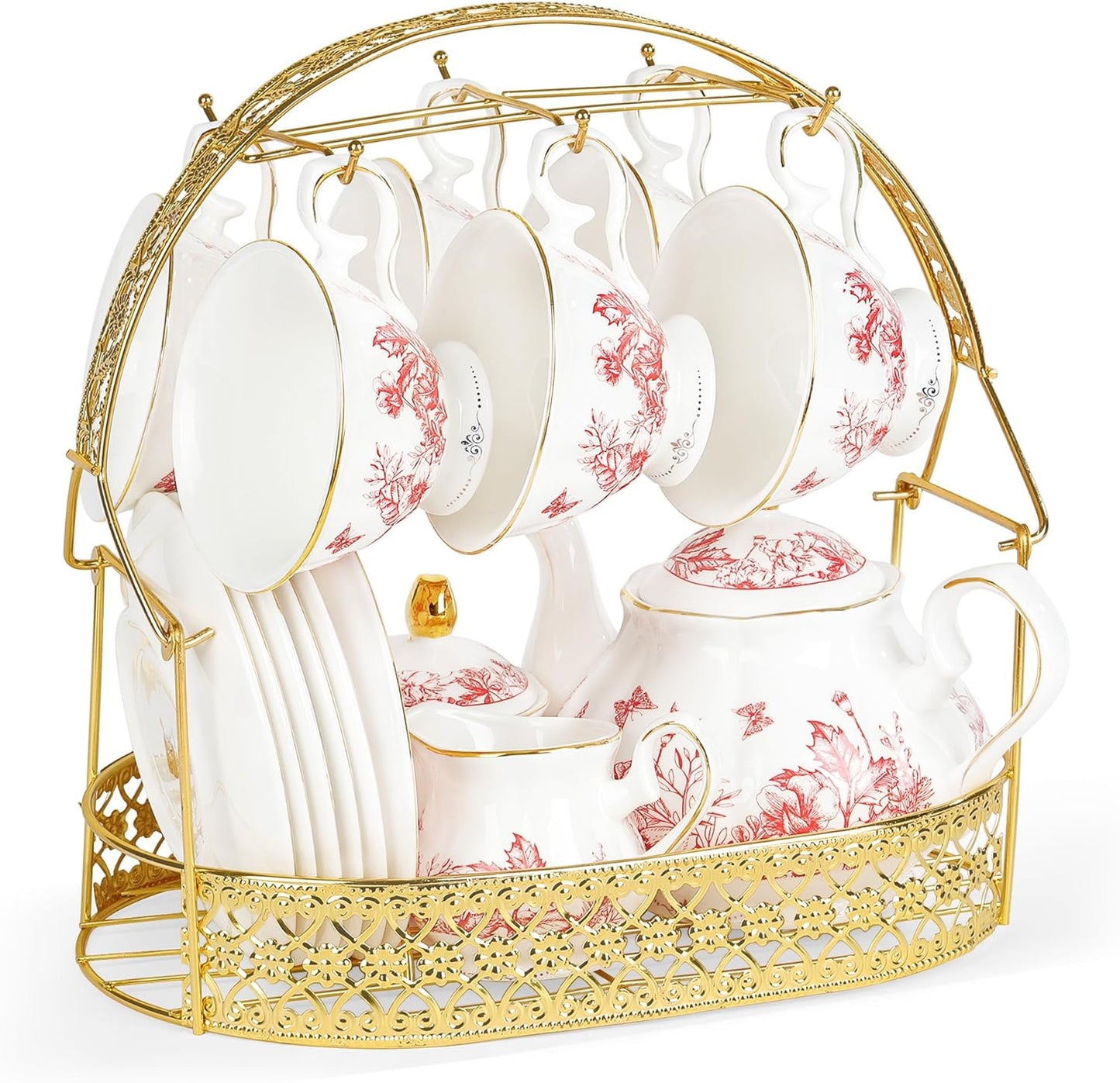 fanquare Vintage Porcelain Tea Set with Holder, 22 Piece Red Floral New Bone China Tea Coffee Gift Sets for Wedding Birthday, 6 Tea Cup and Saucers for Women Tea Party