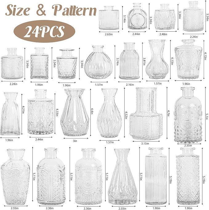 24Pcs Glass Bud Vase Set,Small Flower Vase for Tables Centerpieces Decor, Mini Vintage Clear Vase for Home,Wedding,Party Decorations（24 Pcs，Clear）