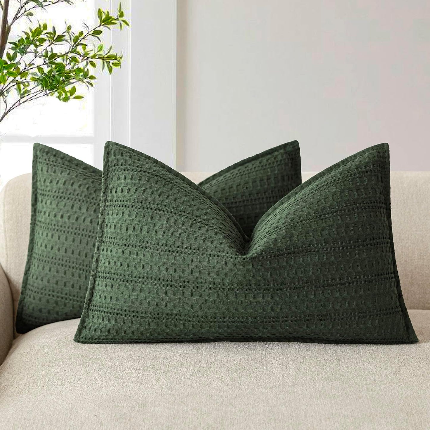 Foindtower Set of 2 Decorative Cotton Waffle Weave Lumbar Throw Pillow Covers Euro Shams Cushion Covers Accent European Pillowcase for Bed Couch Bedroom Living Room Home Decor 12×20 Inch Dark Green