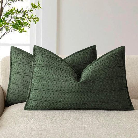 Foindtower Set of 2 Decorative Cotton Waffle Weave Lumbar Throw Pillow Covers Euro Shams Cushion Covers Accent European Pillowcase for Bed Couch Bedroom Living Room Home Decor 12×20 Inch Dark Green