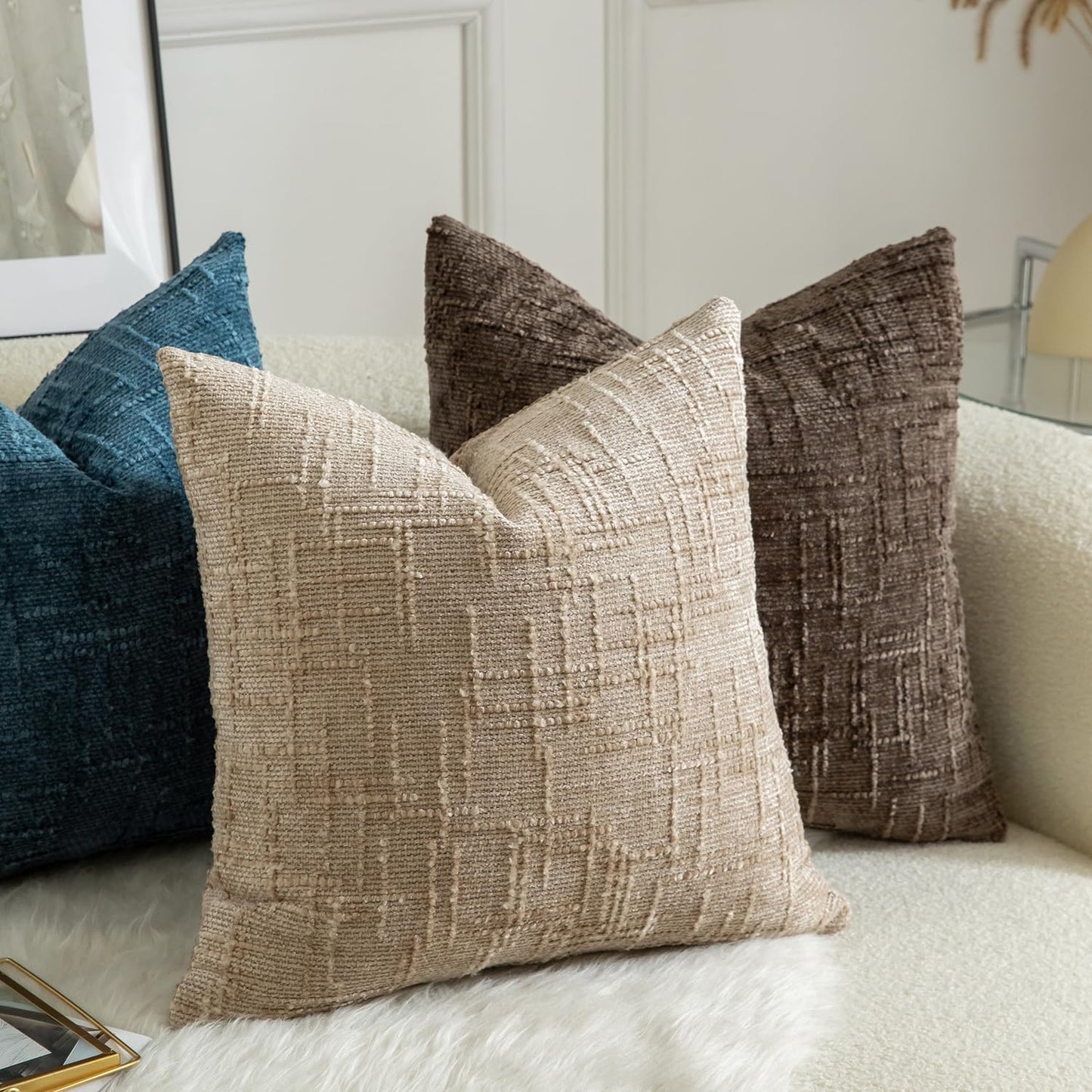 MANDIOO Pack of 2 Soft Chenille Textured Throw Pillow Covers Square Accent Solid Decorative Cushion Cover Cozy Farmhouse Pillow Case for Couch Sofa Bed Living Room 22x22 Inch Camel