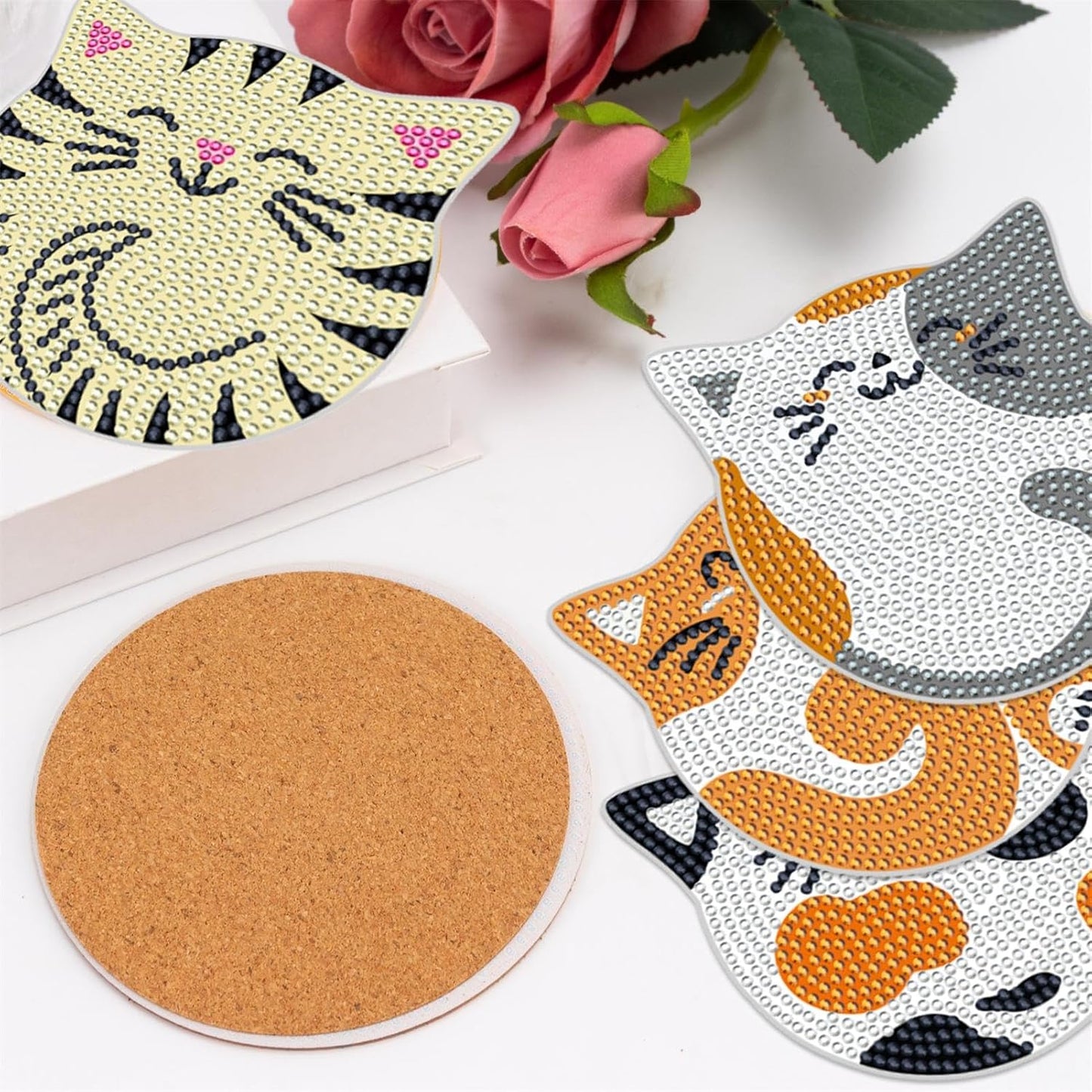 Diamond Art Coasters Kits for Adults with Holder Cork Pads, 6 Pcs Cat DIY ﻿Diamond Art Dots Painting Coasters Kits for Adults Beginners, Ideal