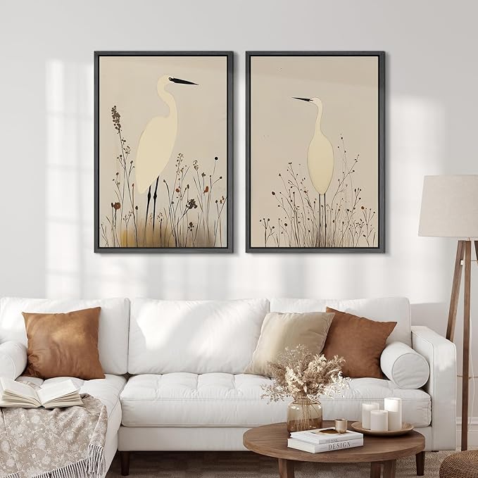 SIGNFORD Framed Canvas Print Wall Art Set Minimalist Heron Art Simplified Shapes in Neutral Tones Illustration Modern Art Decorative Nordic Nature for Living Room, Bedroom, Office - 24"x36"x2 Black