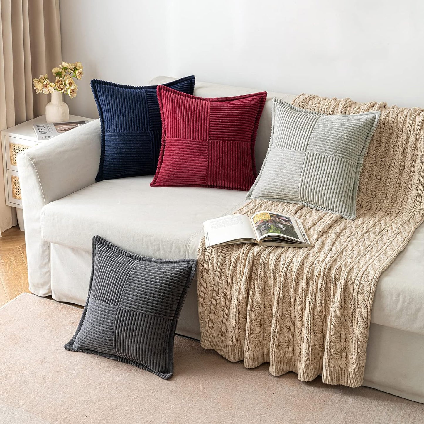 MIULEE Light Grey Corduroy Pillow Covers 16x16 Inch with Splicing Set of 2 Soft Boho Striped Pillow Covers Broadside Decorative Textured Pillowcases for Couch Cushion Bed Livingroom