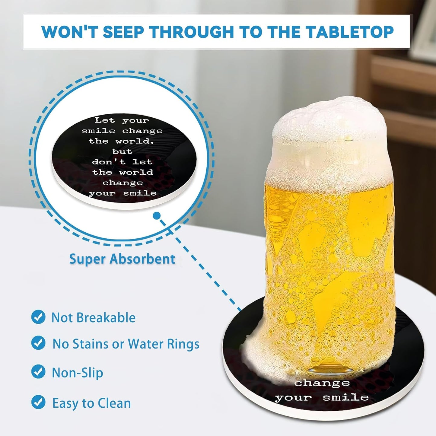 Drinks Coasters Set of 4, Inspirational Positive Quotes Round 4" Cup Coasters, Absorbent Ceramic Stone Coasters with Cork Base, Cute Coasters for Table Home Décor, Ideal Gifts for Women Men