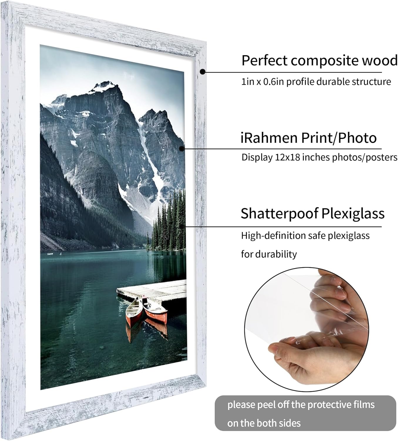 iRahmen 16x20 Picture Frame Set of 2 with Plexiglass, Distressed White Wood Poster Frame Display Pictures 11x14 with Mat or 16 x 20 Without Mat for Photo Wall Mounting