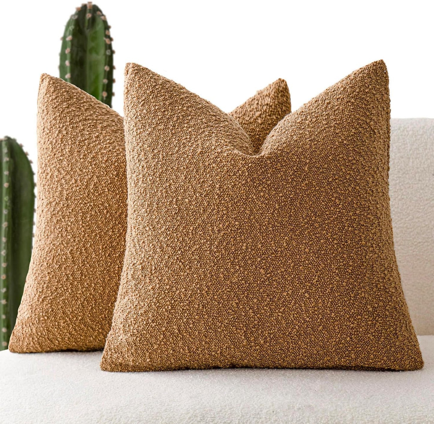 Foindtower Set of 2, Decorative Textured Boucle Throw Pillow Covers Accent Solid Pillow Cases Neutral Soft Couch Cushion Case for Chair Sofa Bedroom Living Room Home Decor 26 x 26 Inch Rust Tobacco