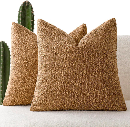 Foindtower Accent Solid Pillow Cases Textured Boucle Throw Pillow Covers Cozy Modern Decorative Couch Cushion Case for Chair Sofa Bed Living Room Home Decor, Pack of 2, 18 x 18 Inch,Tobacco