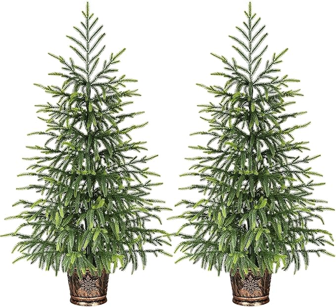 2Pcs 3FT Norfolk Pine Tree with Pot - Christmas Tree with Real Touch PE Branch Tips for Front Porch, Kitchens, Home Indoor Outdoor Xmas‌ Decor