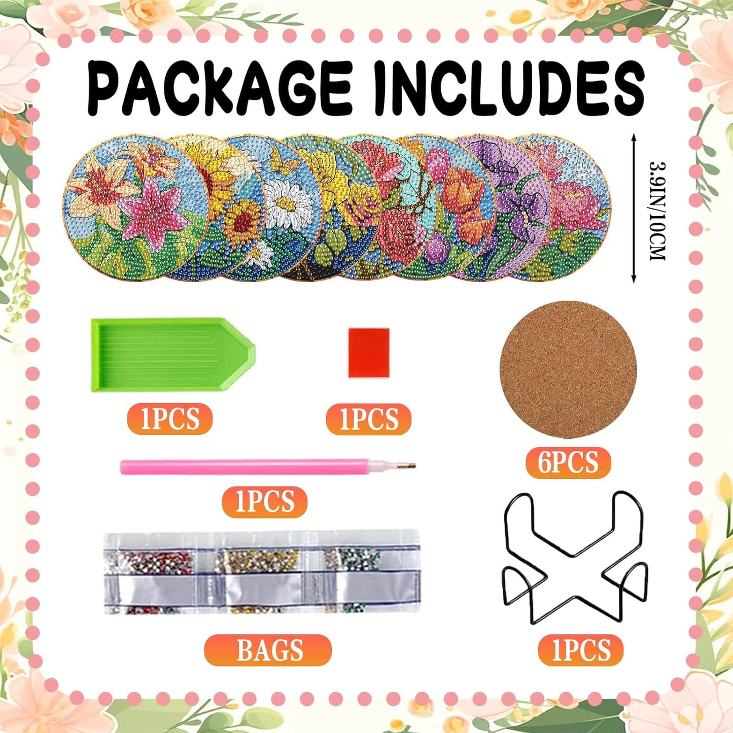DOZEEZOP 8 PCS Flowers Diamond Art Coasters Kits, Diamond Painting Coasters with Holder and Cork Pads, Diamond Art Kits for Adults Beginners, Arts and Crafts Coaster Home Decor