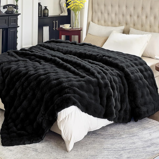 Faux Fur Black Throw Blanket for Couch - Super Soft Heavy Flufyy Thick Bubble Throw Blankets for Bed Bedroom Living Room Farmhouse Sofa Chair Fall Winter Warm, 90x90 Inch