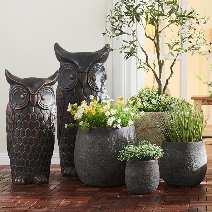 Wallowa Large Outdoor Planter, 17.32"+12.99"+9.06" Dia Round Weathered Concrete Planter Set of 3, Flower Pots with Drainage Holes, Sealing Plug for Garden, Patio, Home, Office, Greenish Bronze Rust